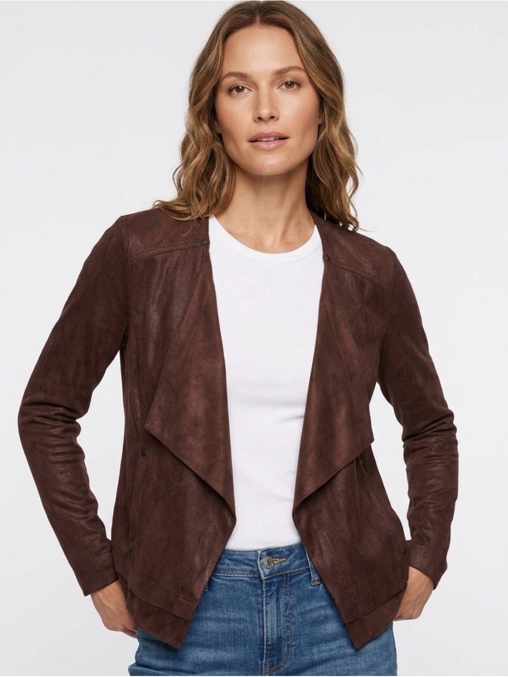 Lysse Brown Faux-Leather Draped Open Front Jacket